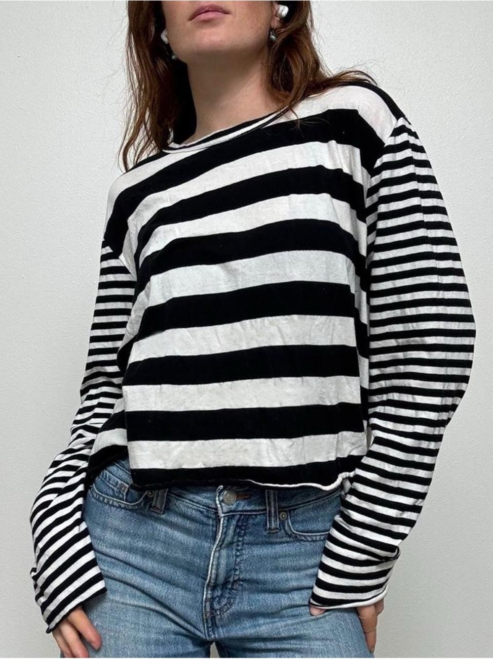 THE GREAT. Black and White Striped Long Sleeve Top